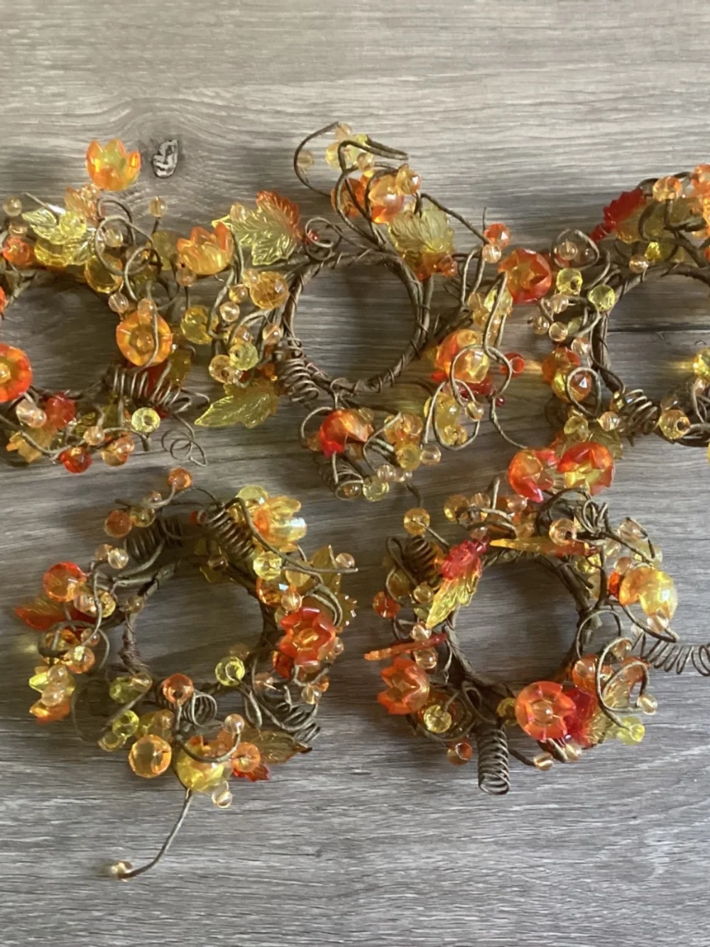 5 Beaded Amber Lucite Fall Leafs Flowers Grapevine Cluster Napkin Candle Rings